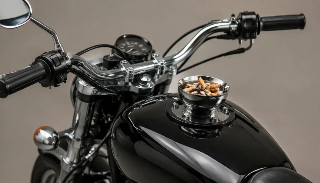 a chrome ashtray bolted to the fuel tank of a classic motorcycle