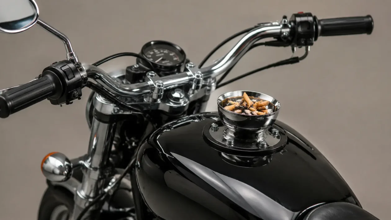 a chrome ashtray bolted to the fuel tank of a classic motorcycle