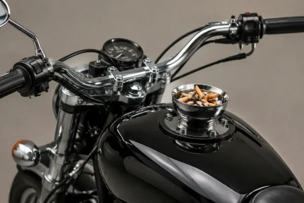 a chrome ashtray bolted to the fuel tank of a classic motorcycle