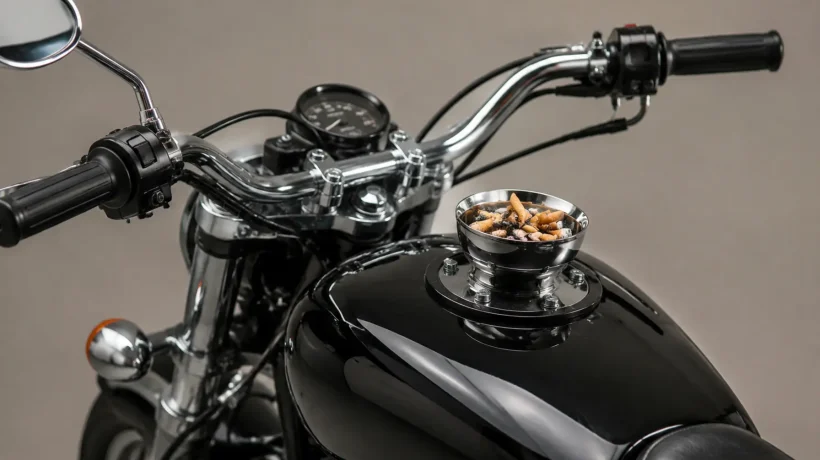 a chrome ashtray bolted to the fuel tank of a classic motorcycle