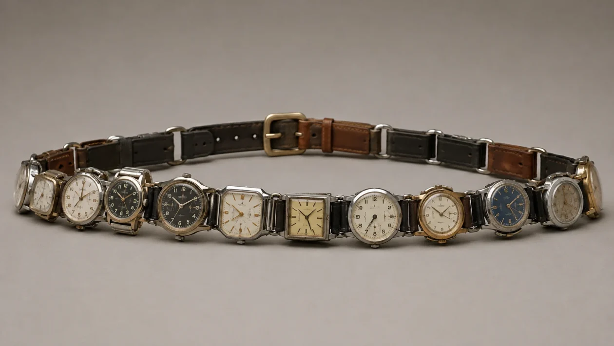 a belt made from a dozen wristwatches buckled end to end