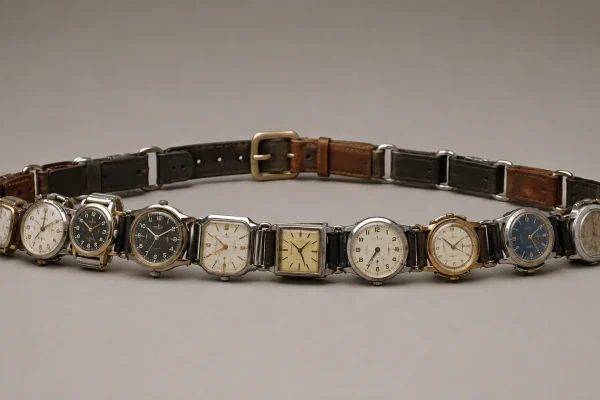 a belt made from a dozen wristwatches buckled end to end