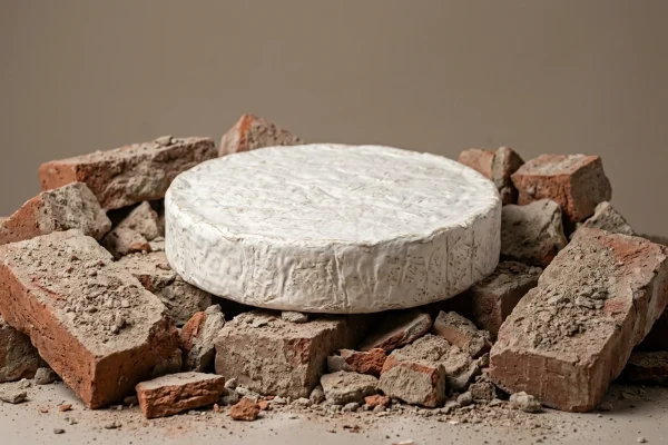 a wheel of brie intact in the rubble of a collapsed wall