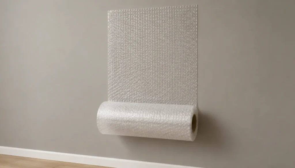 a roll of bubble wrap half-hung on a wall like wallpaper
