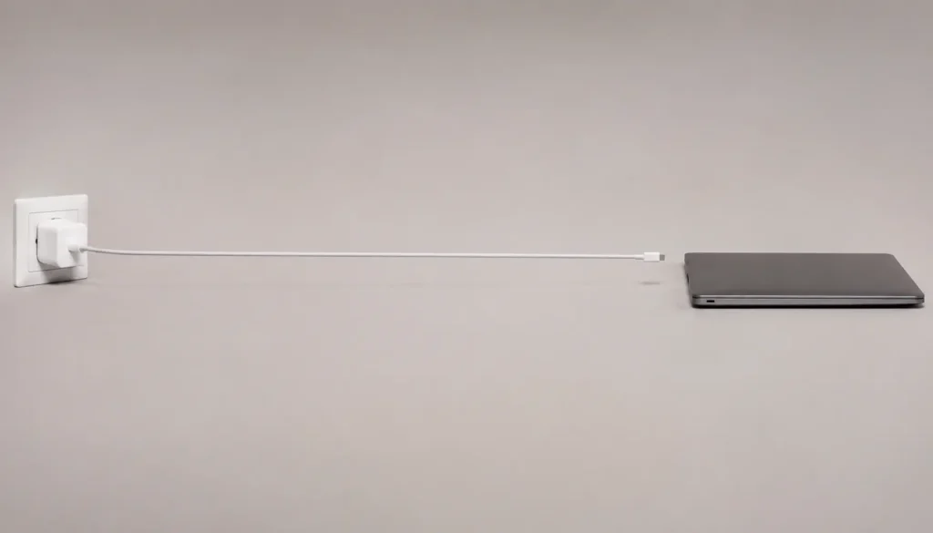 a charging cable stretched taut and ending two inches short of the port