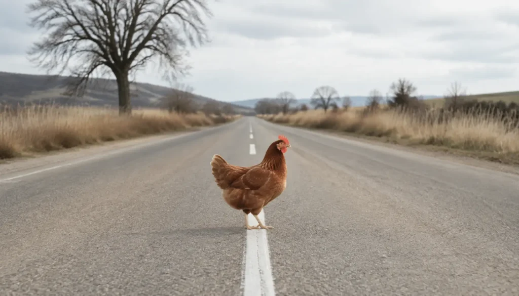 a brown hen standing on the centre line of an empty country road