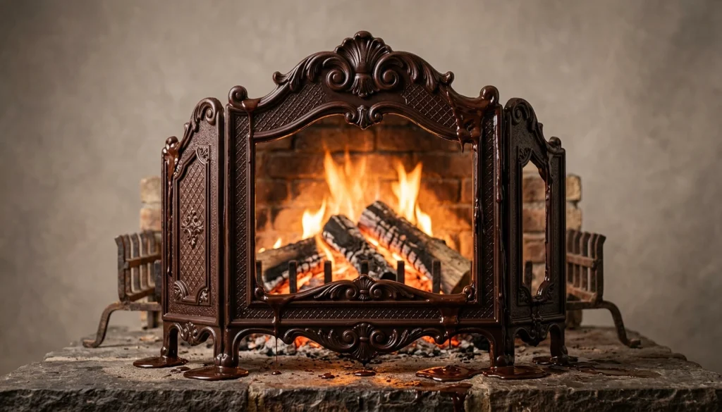 a fireguard made of chocolate melting in front of a lit fire