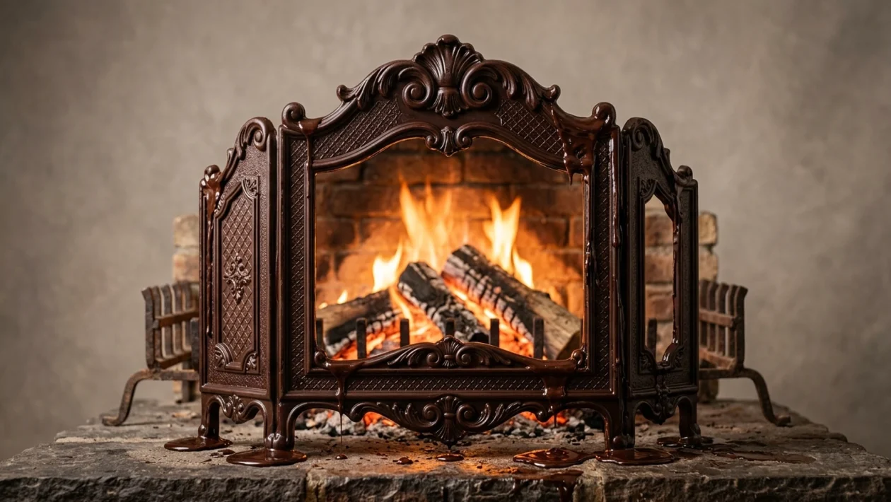 a fireguard made of chocolate melting in front of a lit fire