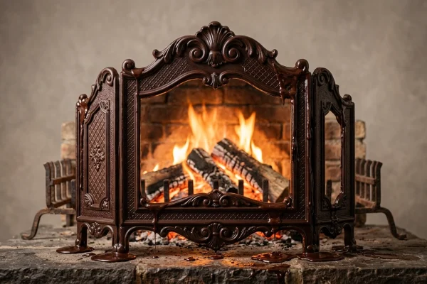 a fireguard made of chocolate melting in front of a lit fire