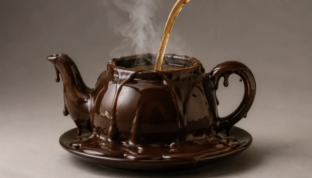 a teapot moulded from dark chocolate slumping as hot tea is poured in