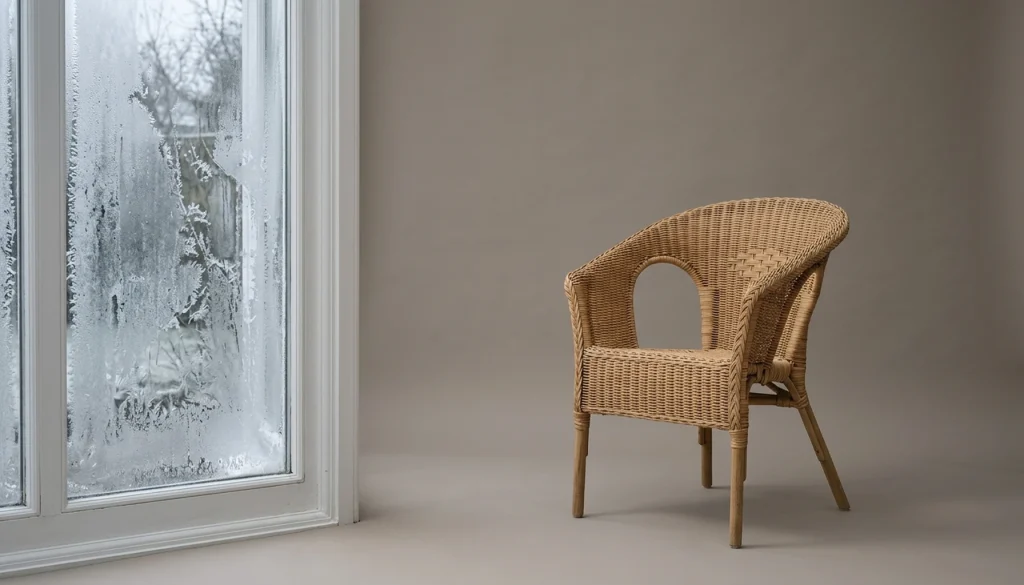 a frost-covered conservatory in January with one empty chair