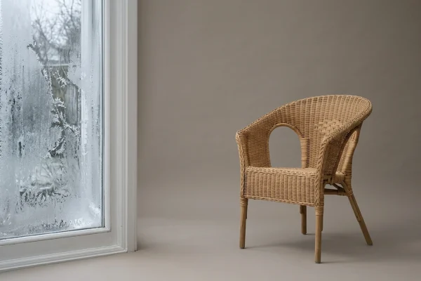 a frost-covered conservatory in January with one empty chair