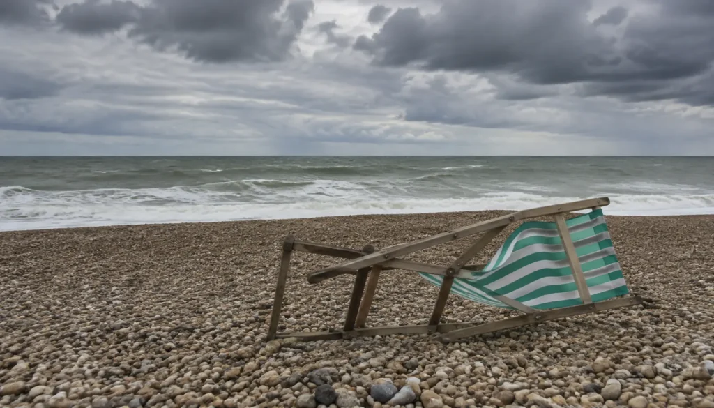 a striped deckchair blown over on a windswept British pebble beach