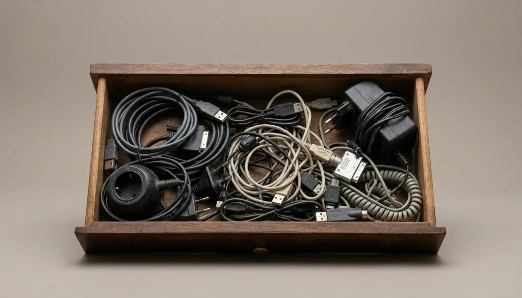 a desk drawer full of tangled obsolete cables