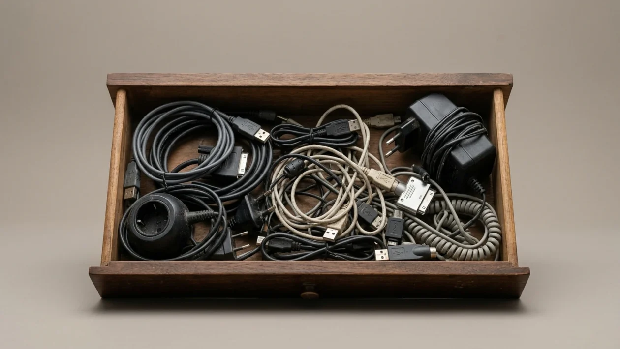 a desk drawer full of tangled obsolete cables