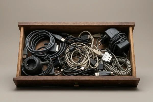 a desk drawer full of tangled obsolete cables