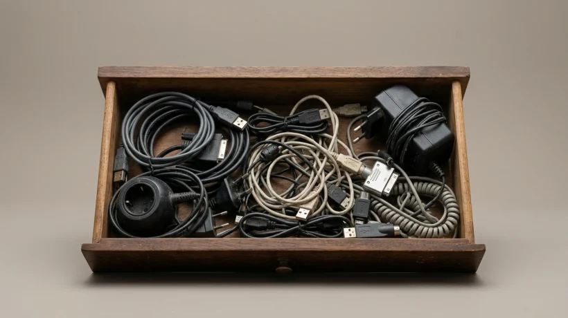 a desk drawer full of tangled obsolete cables
