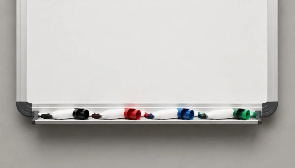 four dried-out whiteboard markers in a tray beneath a blank whiteboard