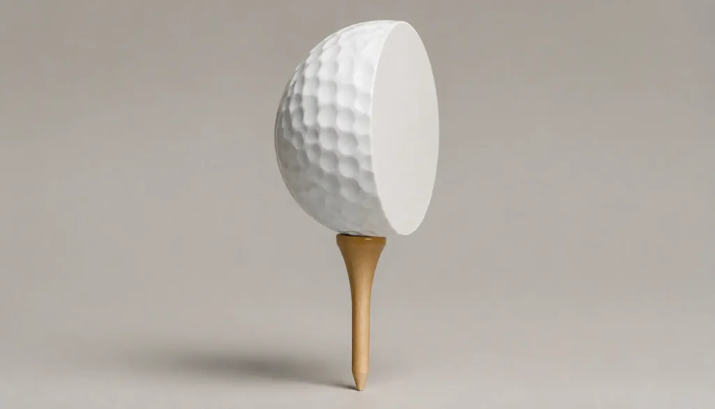 a golf ball with one side sheared flat, balanced on a tee