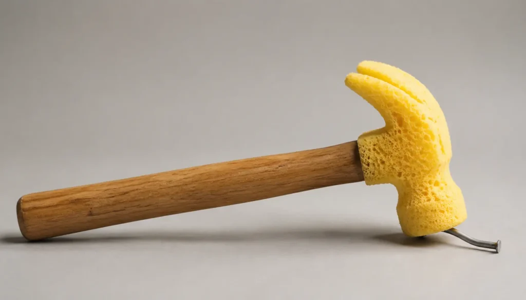 a claw hammer with a soft sponge head resting on a bent nail