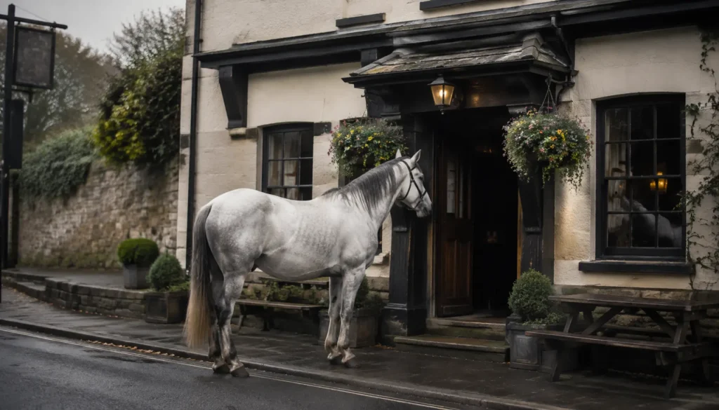 a horse standing on the pavement outside a traditional British pub