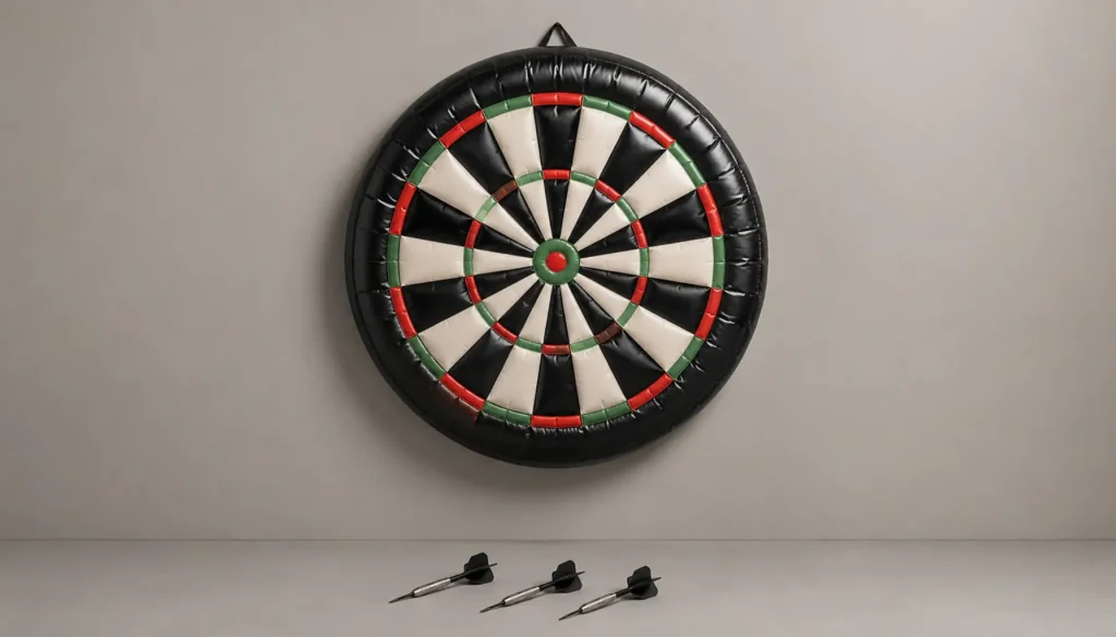 an inflatable vinyl dartboard with darts on the floor beneath it