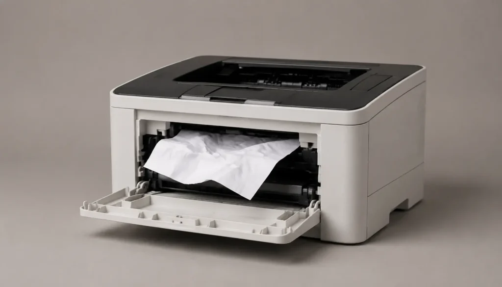 an office printer with paper jammed half-out of the feed tray