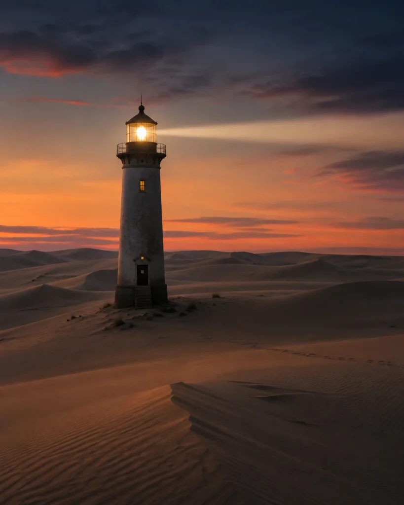 a lit lighthouse standing in the middle of empty desert dunes