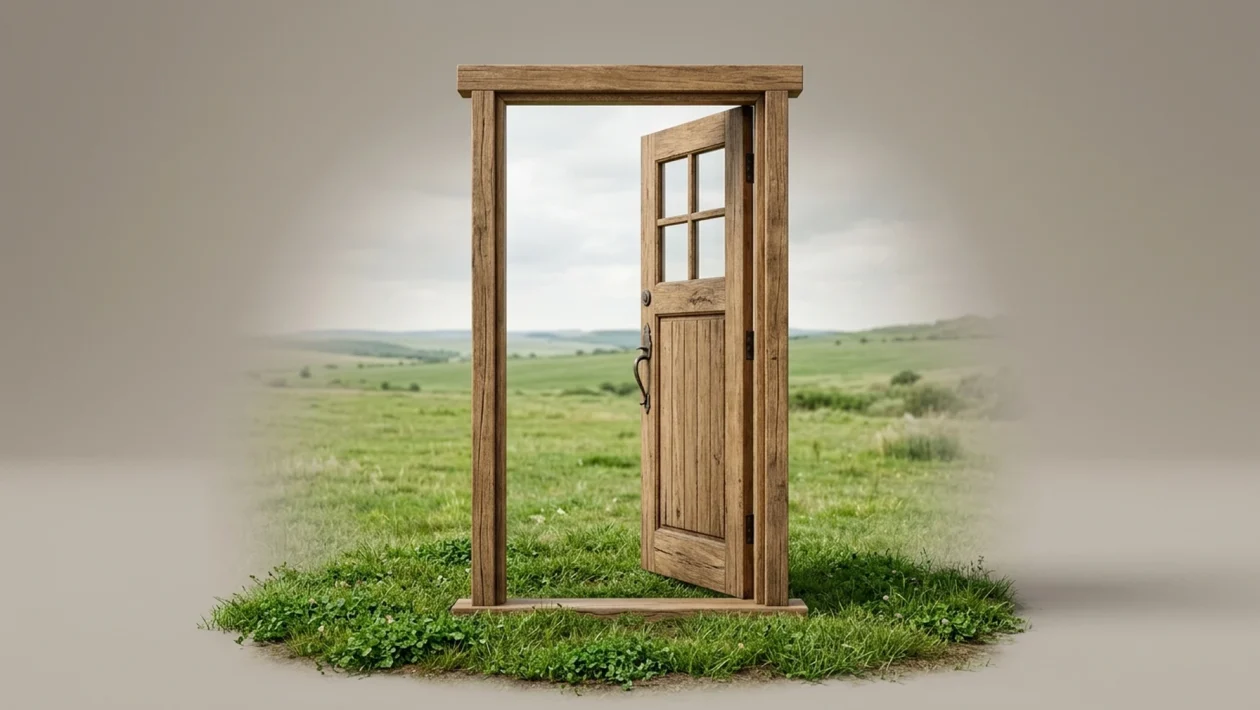 an open front door standing in an empty field