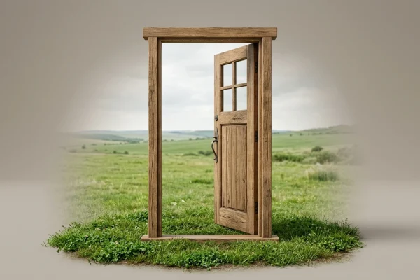 an open front door standing in an empty field