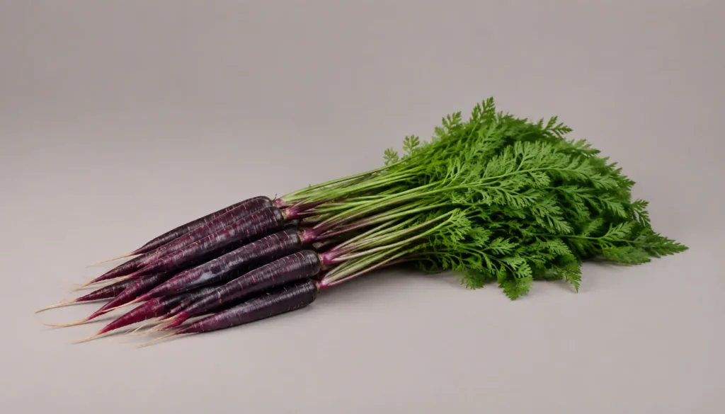 a bunch of deep purple heritage carrots with green tops