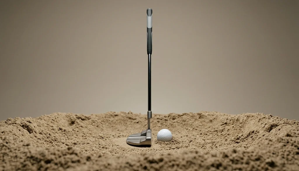 a golf putter standing upright in a sand bunker