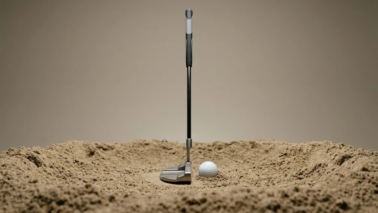 a golf putter standing upright in a sand bunker