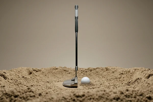 a golf putter standing upright in a sand bunker