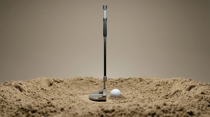 a golf putter standing upright in a sand bunker