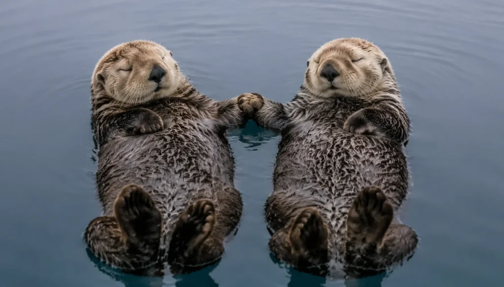 two sea otters floating on their backs holding paws