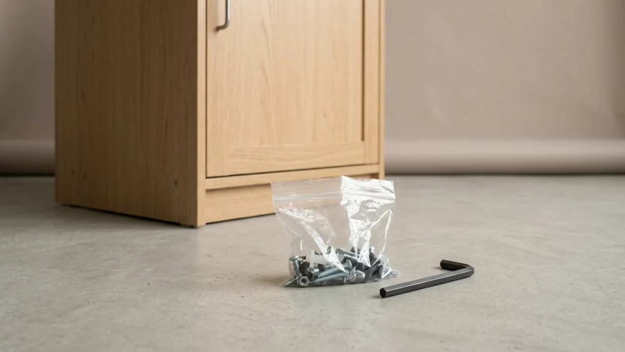 a bag of leftover screws beside a finished flat-pack cabinet