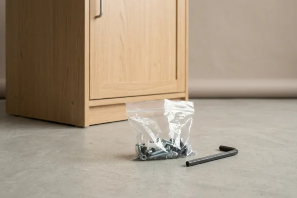 a bag of leftover screws beside a finished flat-pack cabinet
