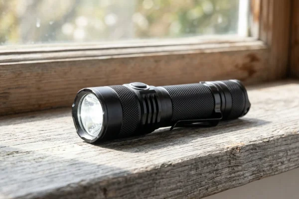 a switched-on torch lying on a sunlit windowsill